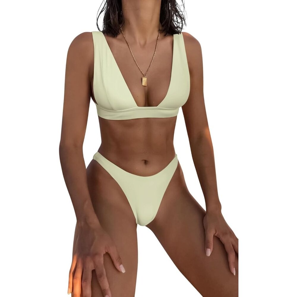 ✨ Women White Deep V Neck Sexy Two Piece Bikini Set Thong Halter Cheeky Swimsuit